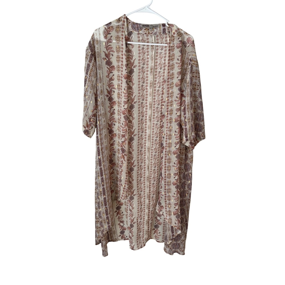 Gypsies & Moondust Floral Paisley Metallic Open Front Kimono Cream XS GE36-2046